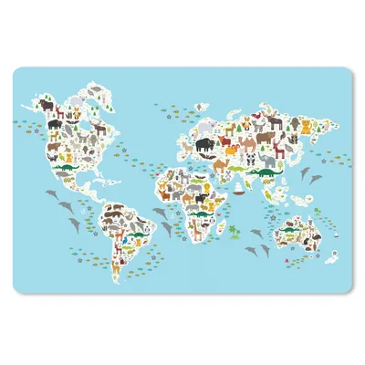 Produktbild von MuchoWow® Schreibtischunterlage Weltkarte - Kinder - Tiere - Blau - Jungen - Mädchen 60x40 cm - XXL Mauspad - Großes Mauspad