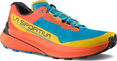 Trailrunning-Schuh Prodigio von La Sportiva in Blau; Orange und Gelb mit Schnürung und rutschfester Sohle.
