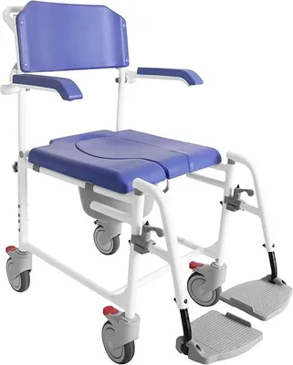Produktbild von Toilettenstuhl mit Rollen für Senioren Blau, Fahrbarer Duschstuhl aus Aluminium, Multifunktionaler Nachtstuhl mit Klappbaren Armlehnen, Duschrollstuhl bis 120 kg - Modell PRO