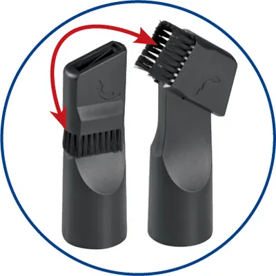 Two vacuum cleaner attachments are shown, with a red arrow indicating movement or connection.
