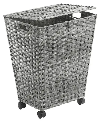 Produktbild von Kobolo Wäschebehälter mit Rollen aus grauem Polyrattan - Aufbewahrungskorb Sortierer Sammler Badezimmer Wäschesack Laundry bin basket Home Room Deco