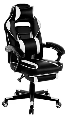 Produktbild von Gaming-Stuhl mit ergonomischer Rückenlehne, neigbar und höhenverstellbar, Bürostuhl mit Lendenwirbelstütze und ausziehbarer Fußstütze