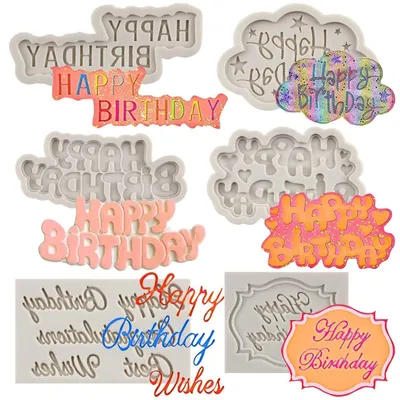 Image de 6 moules en silicone "Joyeux Anniversaire", forme lettres pour décorer des gâteaux
