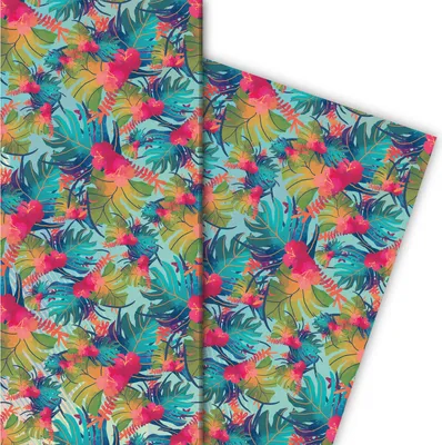 Produktbild von Urwald Geschenkpapier mit Blüten und Blättern in grün blau - G6297, 32 x 48cm