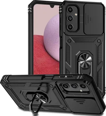 Image de Étui pour Samsung Galaxy A14 5G étui double couche avec couvercle coulissant pour l'appareil photo et anneau de support noir