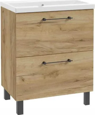 A freestanding bathroom vanity with a sink and two drawers, shown against a white background.
