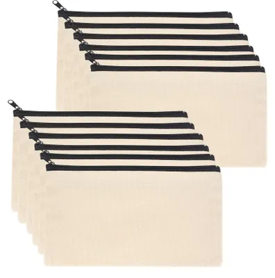 Produktbild von 12 handgefertigte, unbedruckte Stoffbeutel, Kosmetiktaschen mit Reißverschluss, Make-up-Taschen, kleine Reiseetuis – 21 x 12 cm