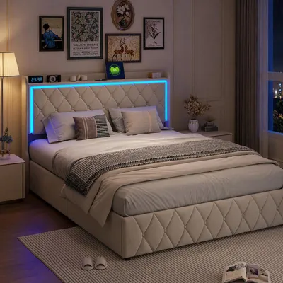 Image de Lit rembourré UnboxG 140x200 cm avec espace de rangement à ressort à gaz, tête de lit LED, revêtement en velours, design Chesterfield, sommier à lattes, couleur beige