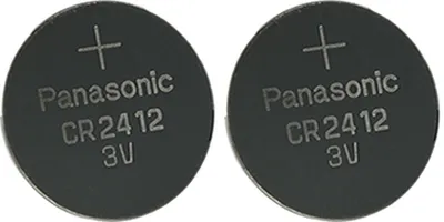 Two Panasonic CR2412 lithium coin cell batteries are shown against a black background.