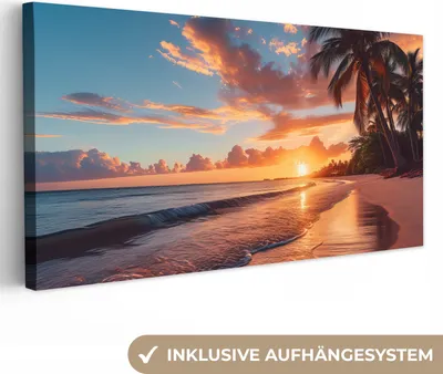 Produktbild von MuchoWow® - Leinwandbilder - Sonnenuntergang - Palmen - Meer - Sonne - Strand, Wandbild, Wanddeko Bilder Wohnzimmer, 80x40 cm