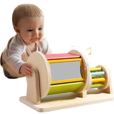 Produktbild von Montessori Holz Textil-Trommel 2-in-1, Baby Farb-Erkennung, Hand-Auge-Koordination, Motorikspielzeug, Frühes Lernen für Kleinkinder 0-3 Jahre