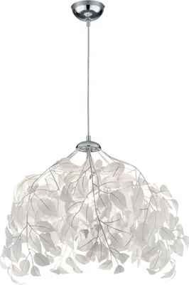 A white pendant light with a leaf and branch design.