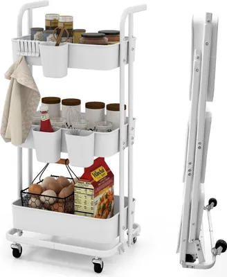 Immagine prodotto di Carrello di servizio mobile pieghevole a 3 ripiani su ruote, carrello da cucina in metallo con maniglia, bianco
