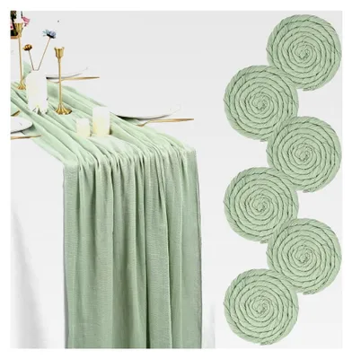 Produktbild von 6 Packungen salbeigrüner Käsetuch-Tischläufer, 10 Fuß Käsetuch-Gaze-Tischdecke 80 x 300 cm, rustikaler Gaze-Stoff, Boho-Tischläufer für Hochzeiten und Brautparty-Dekorationen