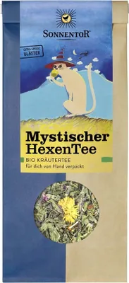 A product package for Sonnentor Mystischer HexenTee, featuring a whimsical illustration and a circular window showing the tea leaves.