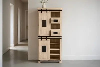Produktbild von Refurbished Möbelretoure Highboard Akazienholz massiv eichefarben Hochschrank 80 x 45 x 175 cm LIBRO IV