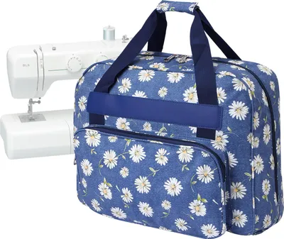 Produktbild von Universal Nähmaschinentasche mit Taschen und Griffen – Tragetasche für Nähmaschinen, robust, wasserabweisend, mit viel Stauraum (Blau mit Gänseblümchen)