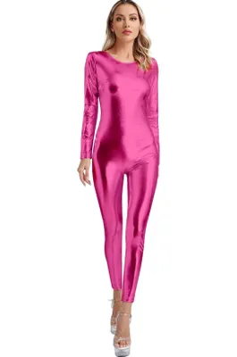 Produktbild von Damen Metallic Catsuit Pink Gr M Glänzend Langarm Jumpsuit Overall – Karneval Halloween Fasching Party Show