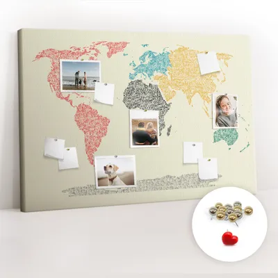 Imagen del producto de Tablero de corcho con chinchetas - Panel con chinchetas para fotografías y notas - 120x80 cm - 100 chinchetas metálicas - Mapa del mundo con letras