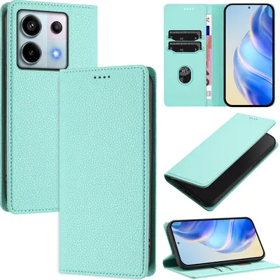 Produktbild von Litchi Leder Handyhülle für Xiaomi Redmi Note 13 Pro 5G/Poco X6 5G Wallet Kartenfächer Standfunktion Hülle Türkis