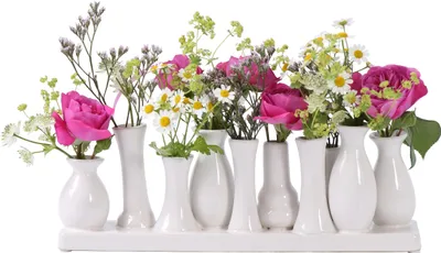 Produktbild von Jinfa Vasen Set Weiß - 10 kleine Blumenvasen auf Tablett - Minivasen Keramik für Tischdeko - Moderne Miniatur Keramikvasen für einzelne Blumen mehrere Vasen in einer für Trockenblumen und Pampasgrass