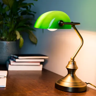 Produktbild von QAZQA - Klassisch I Antik Klassische Tischleuchte I Tischlampe I Lampe I LeuchteINotarleuchte aus Bronze mit grünem Glas - Banker I Wohnzimmer I Bankerleuchte - Stahl Länglich I Rund - LED geeignet E2