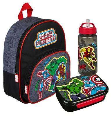 Produktbild von Kindergarten Set Marvel Avengers, Kinderrucksack mit Trinkflasche & Brotdose Jungen, Schwarz