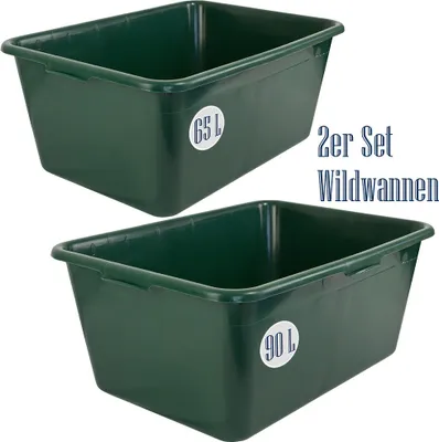 Produktbild von 2er Set Wildwanne  65 L + 90 L Futterwanne Mörtelwanne Kunststoffwanne Wassertrog Wasserbehälter Grün Lebensmittelecht Multiwanne Petigi