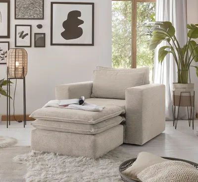 Produktbild von Sessel Set "Pesaro" in beige Cord Couch Loungesessel inklusive Hocker