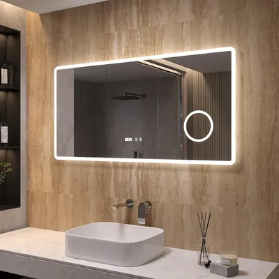 Produktbild von Badspiegel mit LED Beleuchtung Licht und Uhr 120x60cm BORAS Typ D | Kosmetikspiegel Digital Uhr Touch Sensor Dimmbar Spiegelheizung Kaltweiß 6400K
