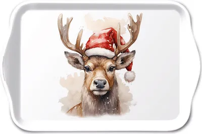 Produktbild von Tablett Melamin 21x13cm mit Hirsch & Weihnachtsmütze Motiv Weiß