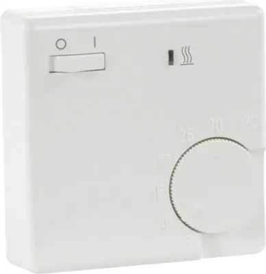 A white thermostat on a white background.