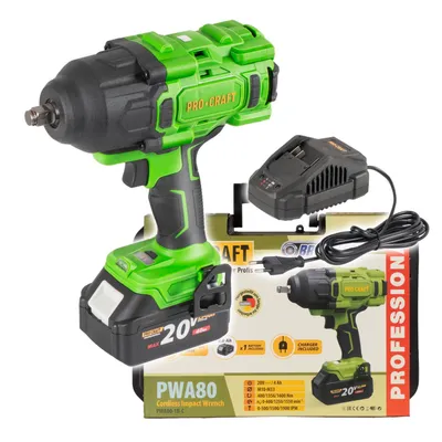 Obrázok produktu pre Akumulátorový rázový uťahovák Procraft PWA80-1B-C 20 V 1600 Nm 1/2" bez kefy + 1x akumulátor 4,0 Ah + nabíjačka + kufor