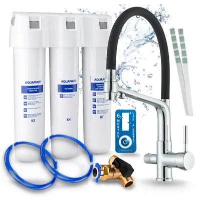 Image de Robinet de cuisine 3 voies, flexible, chromé, avec douchette extractible. Livré avec le système de filtration d'eau Aquaphor Kristall H
