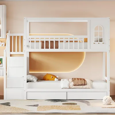 Produktbild von okwish Etagenbett Kinderbett 90x200cm, Massivholzlbett mit Fenstern, Sicherheitszaun-Design, Mit Aufbewahrungsschubladen und Sicherheitsleiter, Jungen-Mädchen-Bett, Teenager-Bett, Weiß