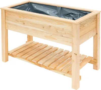 A wooden raised garden bed with a shelf underneath, shown against a white background.