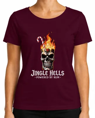Produktbild von Jingle Hells Powered by Rum Totenkopf Flammen Weihnachten Skull Damen T-Shirt, Burgundy, M