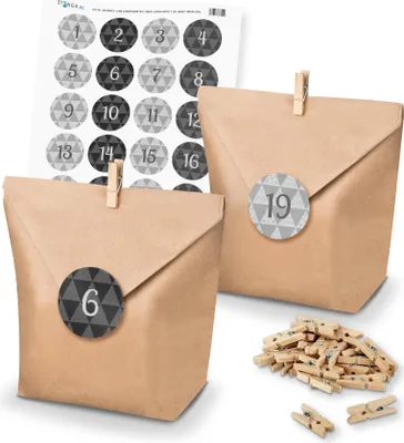 Produktbild von Adventskalender Set 25 Geschenktüten + Klammern + Sticker