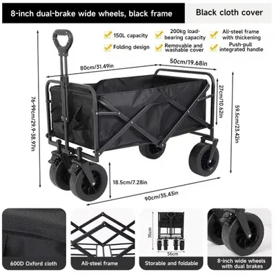Image de Chariot de transport robuste - Remorque de camping pliable - Grande capacité de charge - Pliable - Avec auvent - Noir