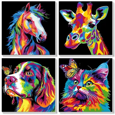 Malen nach Zahlen Set – 4 bunte Tiere auf Leinwand mit Rahmen