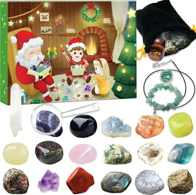 Zdjęcie produktu dla Świąteczny kalendarz adwentowy z kamieniami szlachetnymi 2024 - 24 sztuki Naturalne kryształy Minerały Prezent dla dzieci