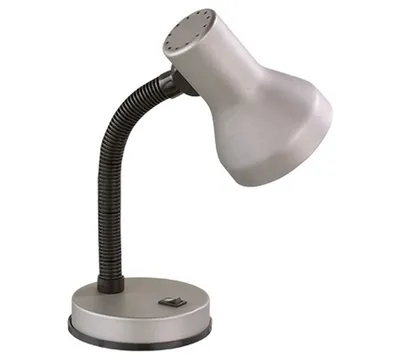 A gray desk lamp with a flexible black gooseneck and a black switch on its base, isolated on a white background.