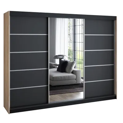 Produktbild von Schwebetürenschrank 200 cm, 3-türig, mit Spiegel & 4 Schubladen, Retro-Stil, modern – Kleiderschrank VILUNO 3 Sonoma / schwarz / schwarz