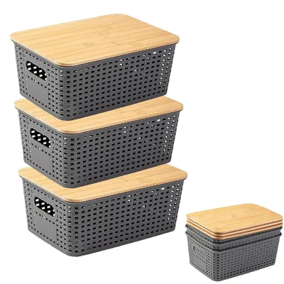 Image de Lot de 3 boîtes de rangement avec couvercle en bambou, organiseur de salle de bain en plastique de 5 litres, boîtes empilables avec poignée, gris