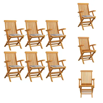 Produktbild von vidaXL Gartenstühle Graue Karomuster-Kissen 6 Stk. Massivholz Teak -  Gartenstühle