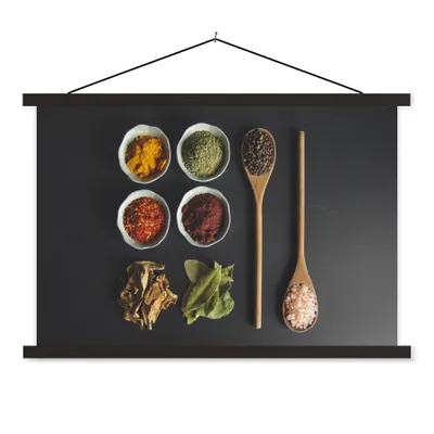 Produktbild von MuchoWow® Textilposter Schöpfkelle - Gewürze - Kräuter - Grün - Braun - Rustikal 150x100 cm mit schwarzem Rahmen - Schlafzimmer