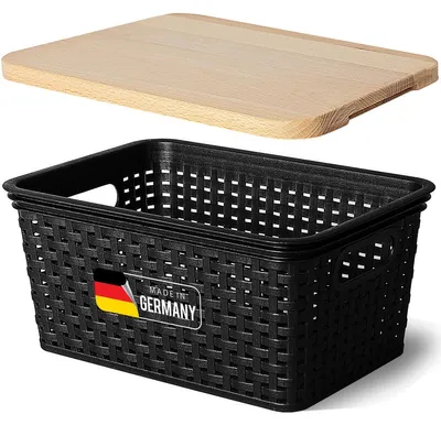 Produktbild von Novaliv Aufbewahrungsbox mit Holzdeckel Klein 5L Korb Schwarz in Rattan Design Lebensmittelecht Aufbewahrungskorb Stapelbox Nestbar Kunststoff BPA-frei Kiste Verstaubbox mit Deckel