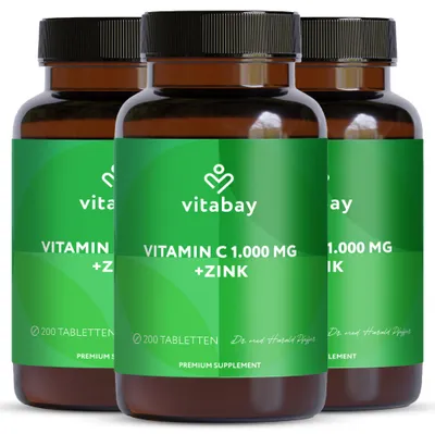 Produktbild von Vitabay Vitamin C Zink Tabletten 600 Vegane Tabletten 1000mg 3er Set - Vitamin C hochdosiert Zink hochdosiert 1000mg C+ Kapseln