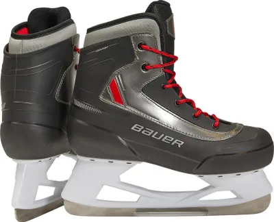 A pair of black and gray Bauer ice skates with red laces, shown from a side view against a white background.