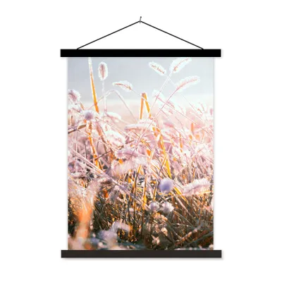 Produktbild von MuchoWow® Textilposter Gras - Sonne - Winter - Schnee 40x53 cm mit schwarzem Rahmen - Abbildung